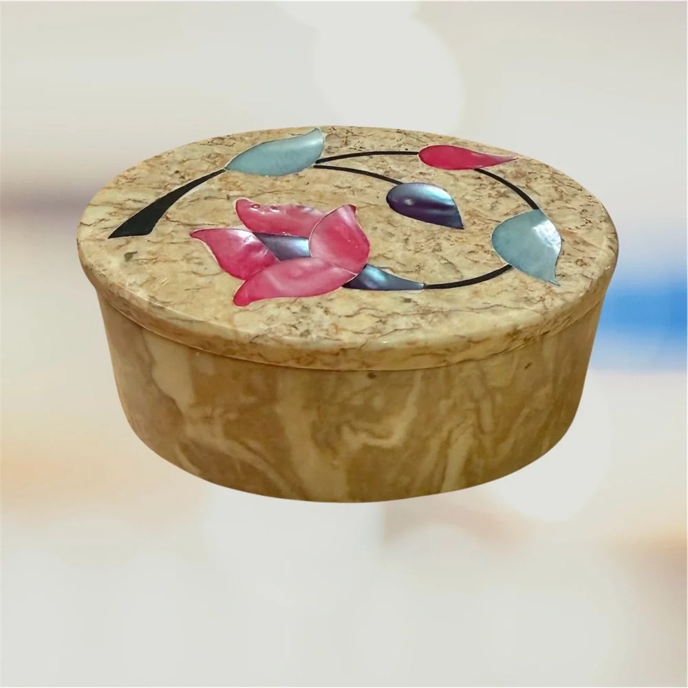 Oval Soapstone and Marble Floral Mother of Pearl Trinket Jewelry Keepsake Box